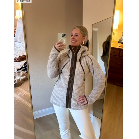 Kuhl Flight Jacket Size S )atmeal Plush Fleece Fold Away Hood Sherpa - Picture 2 of 6